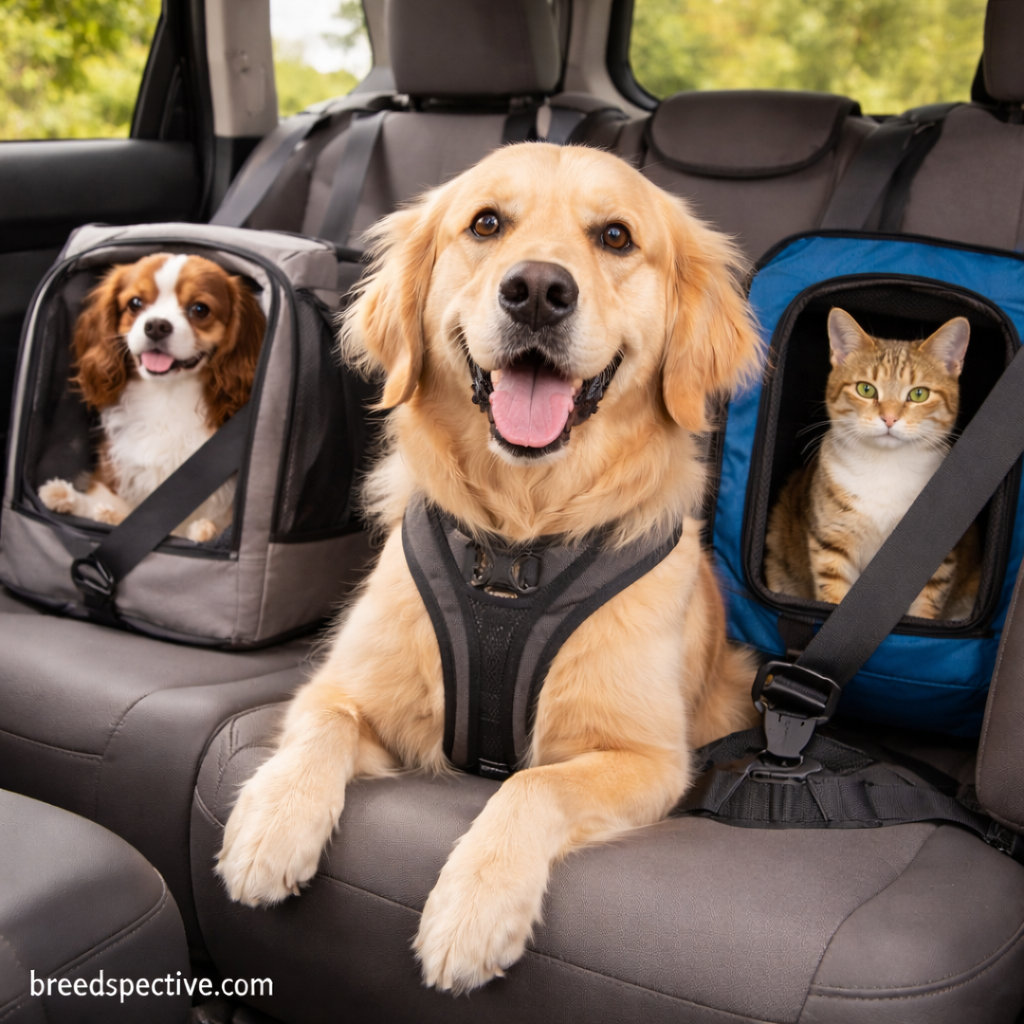 Dogs and a cat secured in car travel carriers and harnesses, demonstrating safe pet transportation during travel.