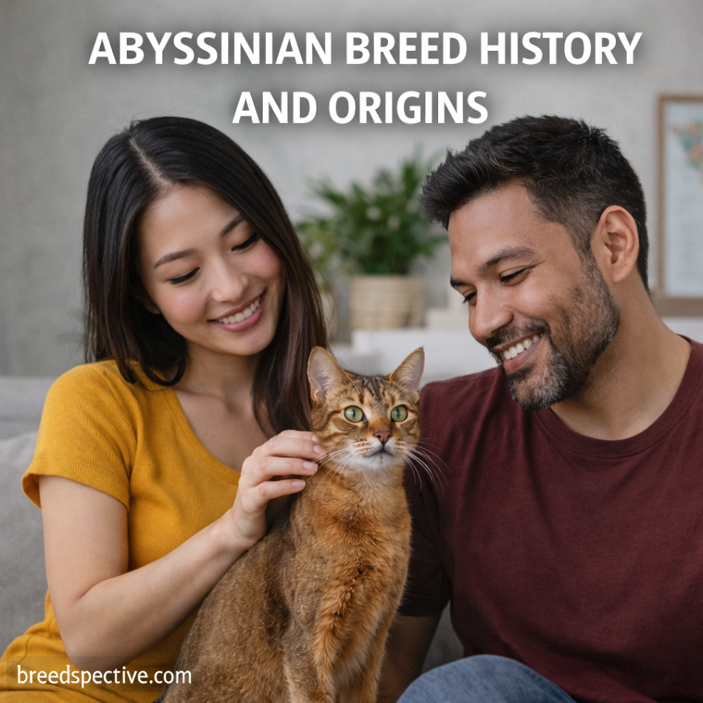 Abyssinian cat with a diverse group of people including an Asian woman, representing the breed’s historical origins and human companionship.