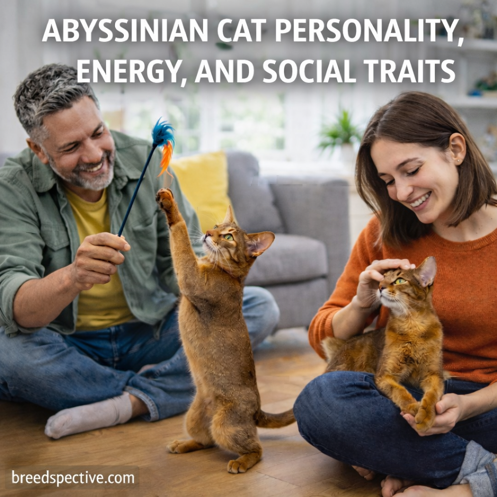 Abyssinian cat interacting with people indoors, showing the breed’s energetic personality, curiosity, and social nature.