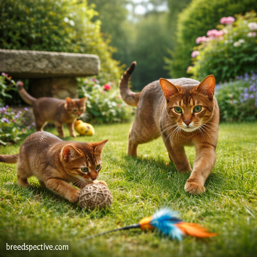 Abyssinian cats of different ages playing together outdoors, representing early breed history and natural development.
