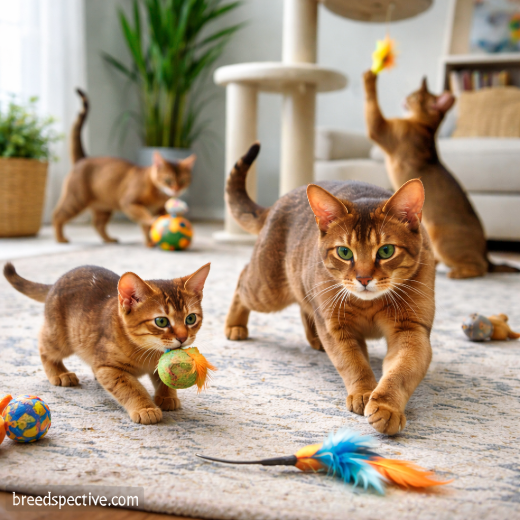 Abyssinian cats of different ages playing indoors with toys, showing the breed’s high energy level and need for daily mental and physical stimulation.