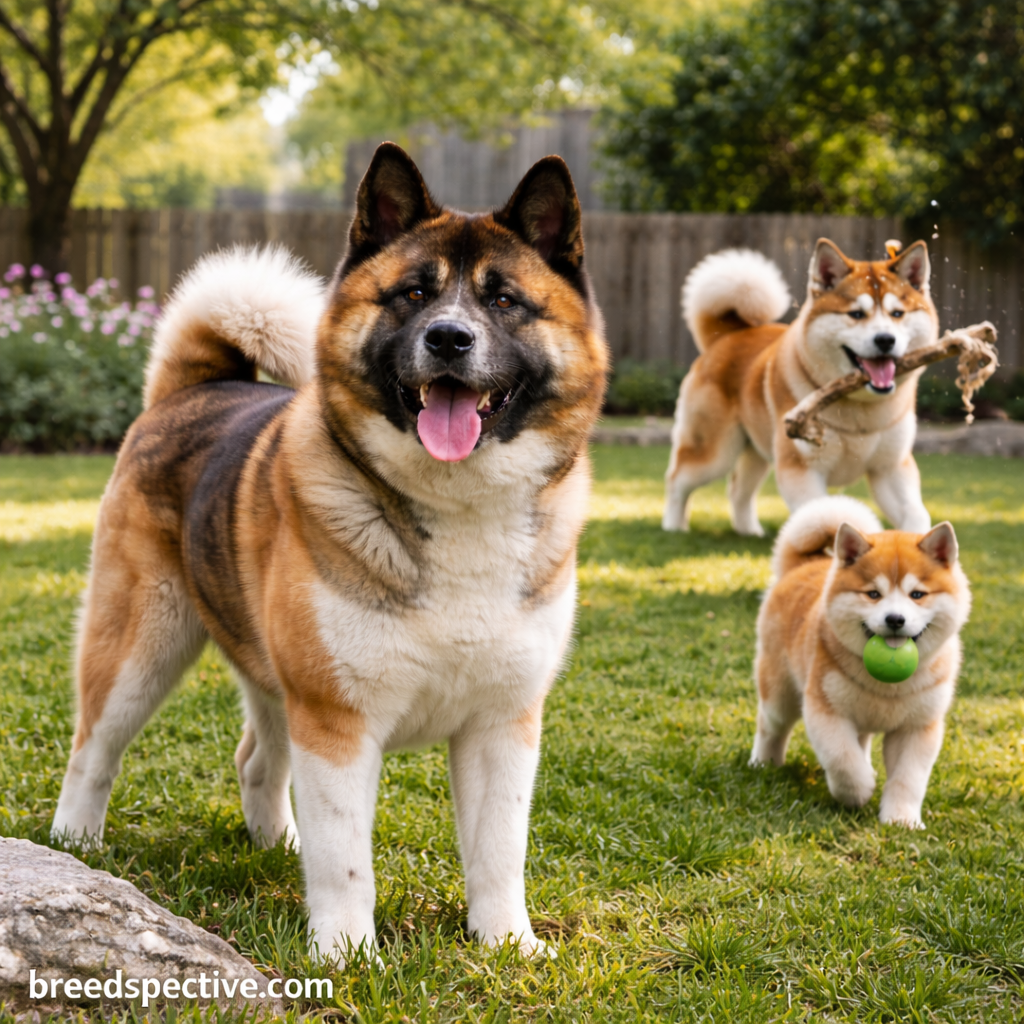 Adult Akita standing alert in a backyard while younger Akitas play and fetch in the background.
