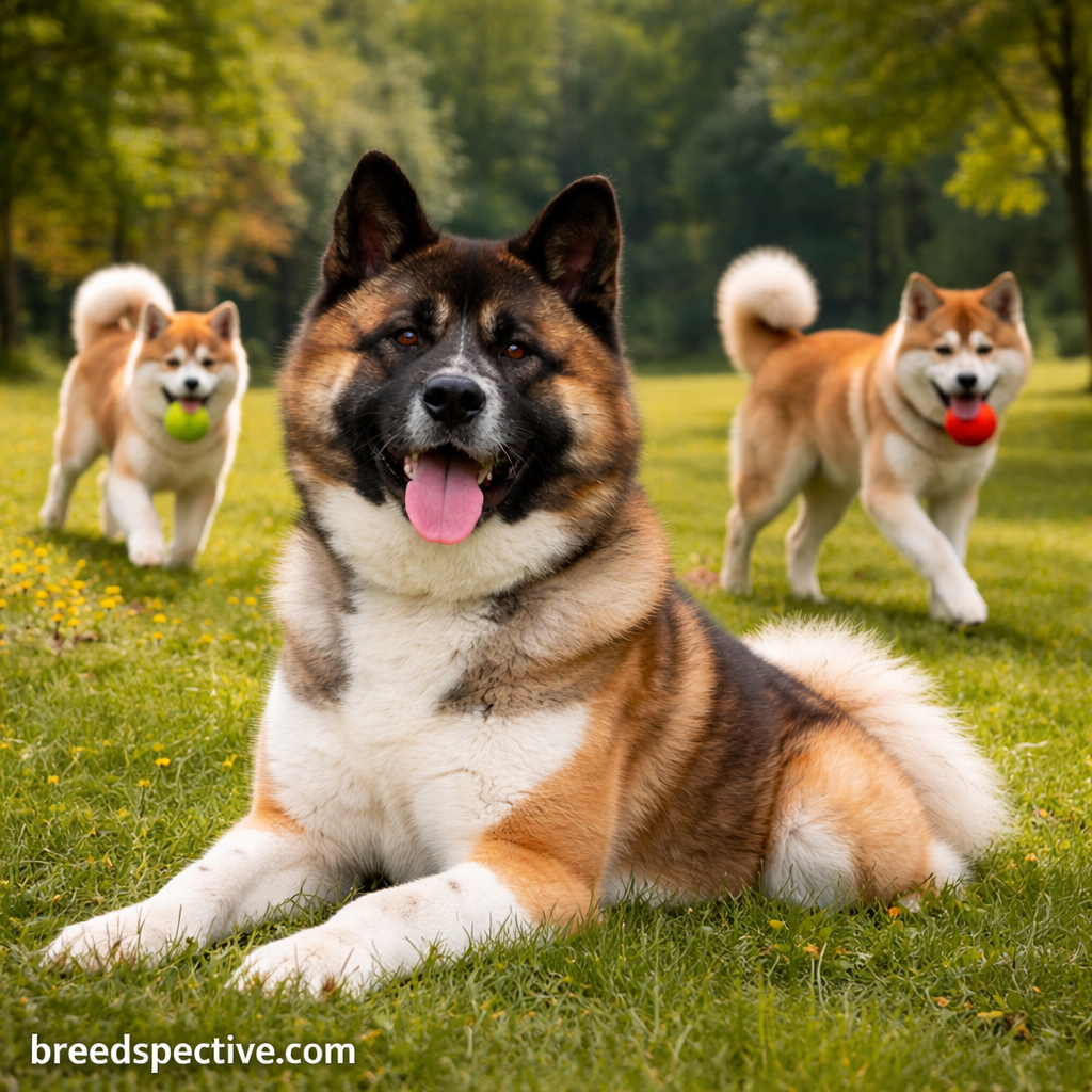 Adult Akita resting in a grassy park while younger Akitas play and fetch in the background.