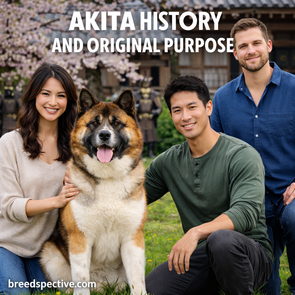 Akita dog with a diverse group of owners in Japan, representing the breed’s history, cultural origins, and original purpose.