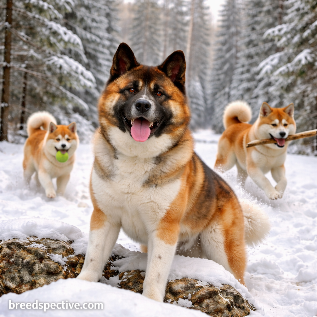 Adult Akita standing alert in a snowy forest while younger Akitas play and fetch in the background.