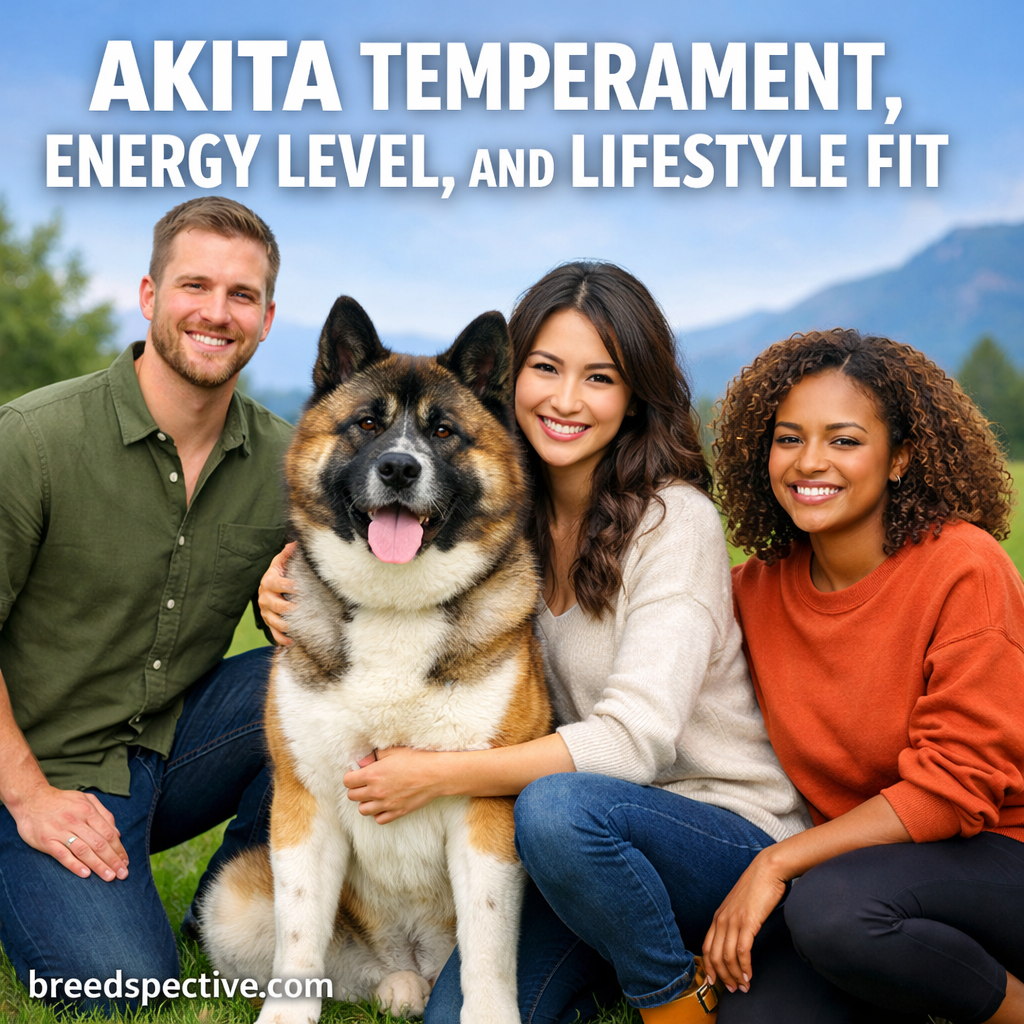 Akita dog sitting with a diverse group of owners, illustrating Akita temperament, energy level, and lifestyle fit.
