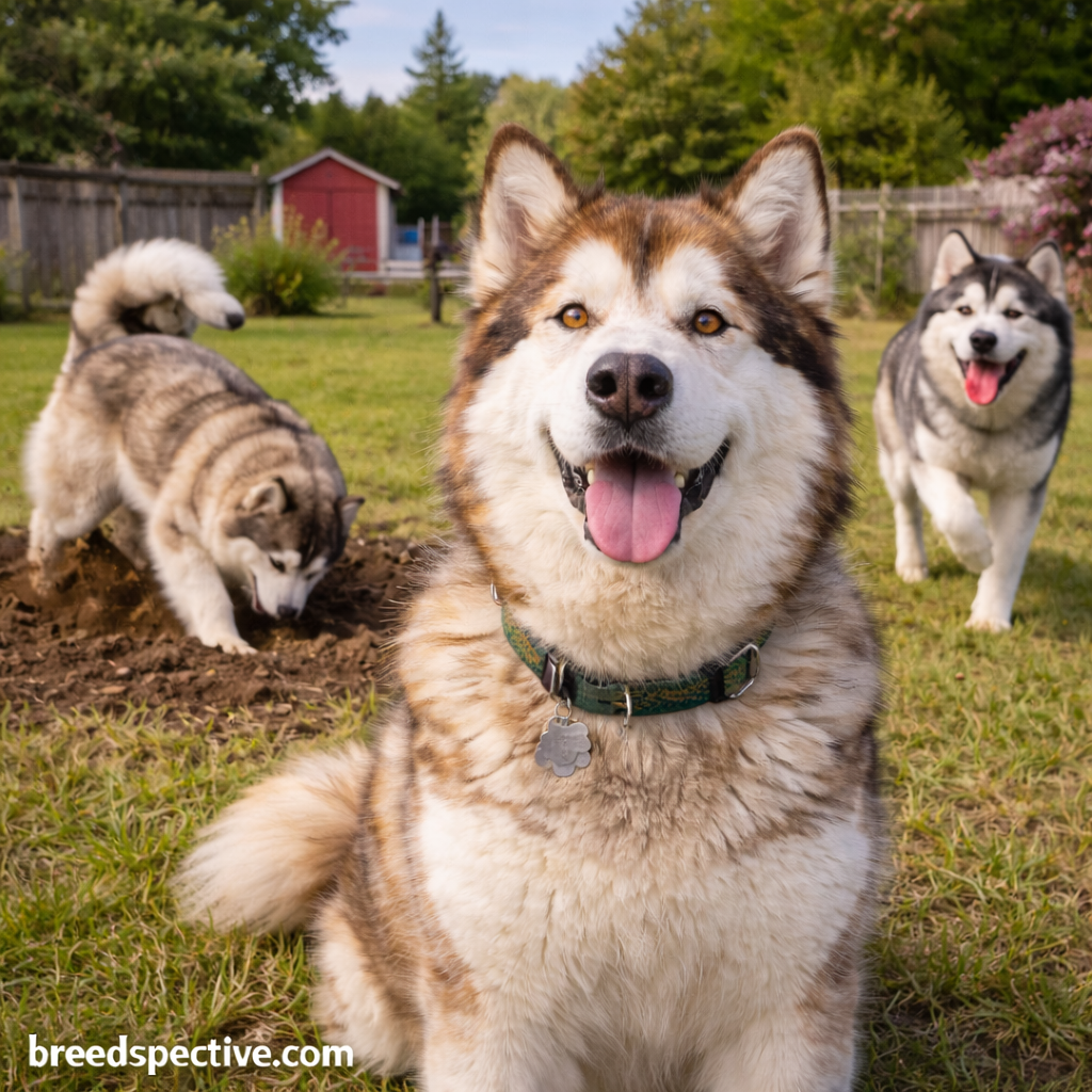 Adult Alaskan Malamute sitting in a backyard while other Malamutes dig and play in the background.
