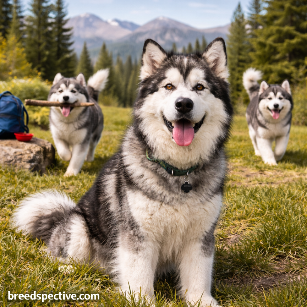 Adult Alaskan Malamute sitting in a mountain meadow while younger Malamutes play and run in the background.