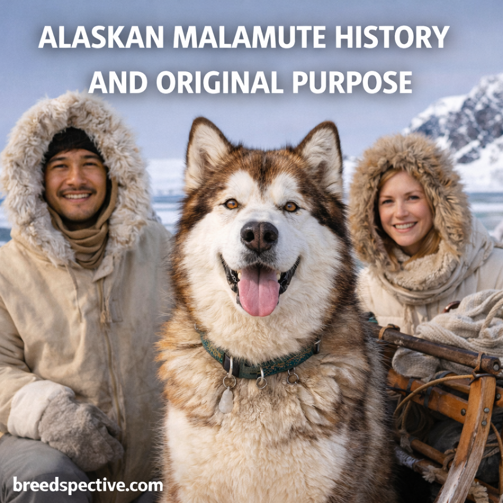 Alaskan Malamute sitting in a snowy Arctic landscape with owners, representing the breed’s history and original working purpose.