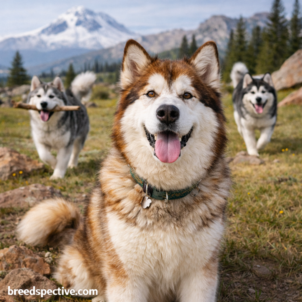 Adult Alaskan Malamute sitting in a mountain landscape while younger Malamutes play and run in the background.