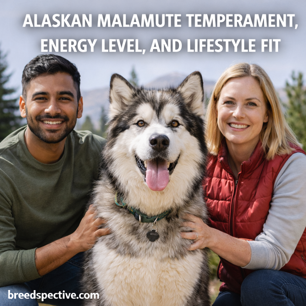 Alaskan Malamute sitting outdoors with owners, illustrating the breed’s friendly temperament, high energy level, and active lifestyle fit.