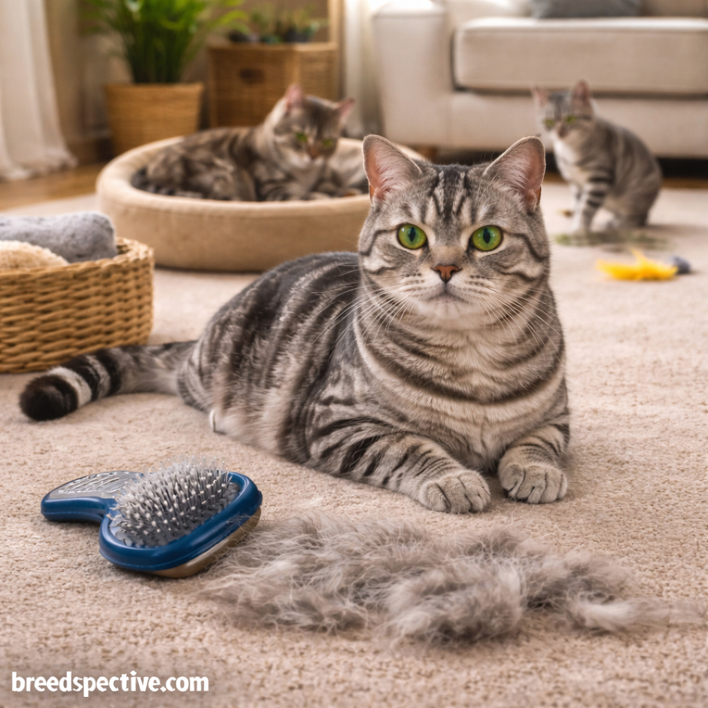 American Shorthair cats of different ages relaxing and playing indoors with loose fur and a grooming brush visible, showing regular coat maintenance and shedding care.