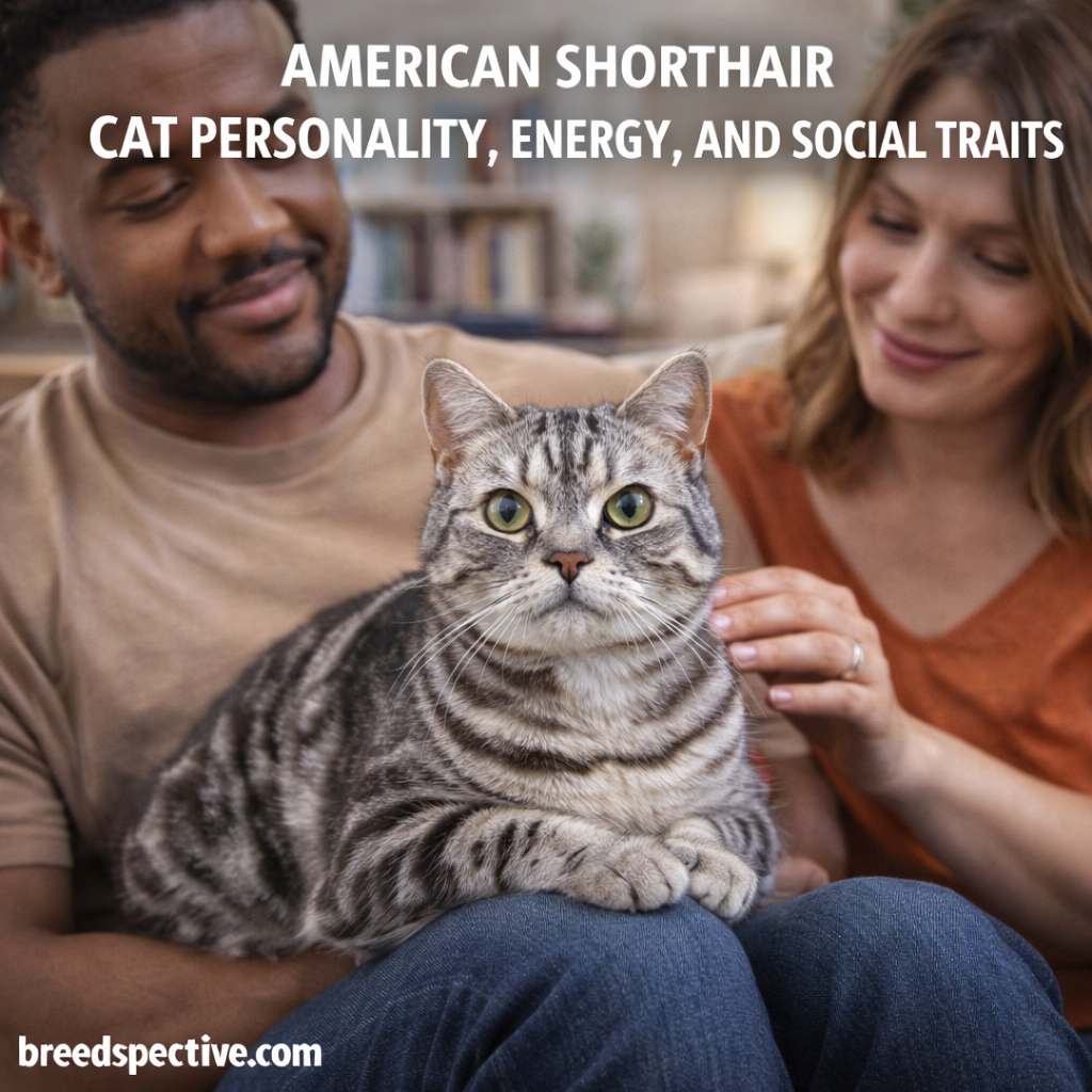 American Shorthair cat sitting calmly on an owner’s lap while being gently petted, showing balanced temperament, relaxed energy, and social behavior.