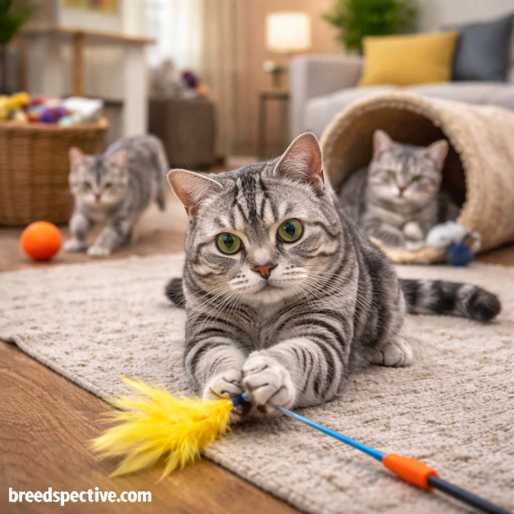 American Shorthair cats of different ages playing indoors with toys, showing balanced energy levels, curiosity, and social interaction.