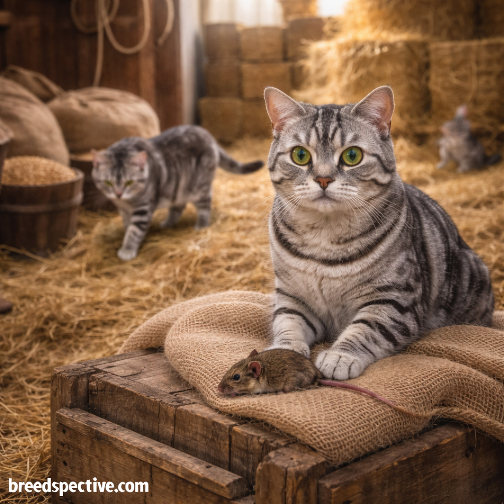 American Shorthair cats of different ages in a barn setting displaying natural hunting behavior, illustrating the breed’s early role as a working farm cat.