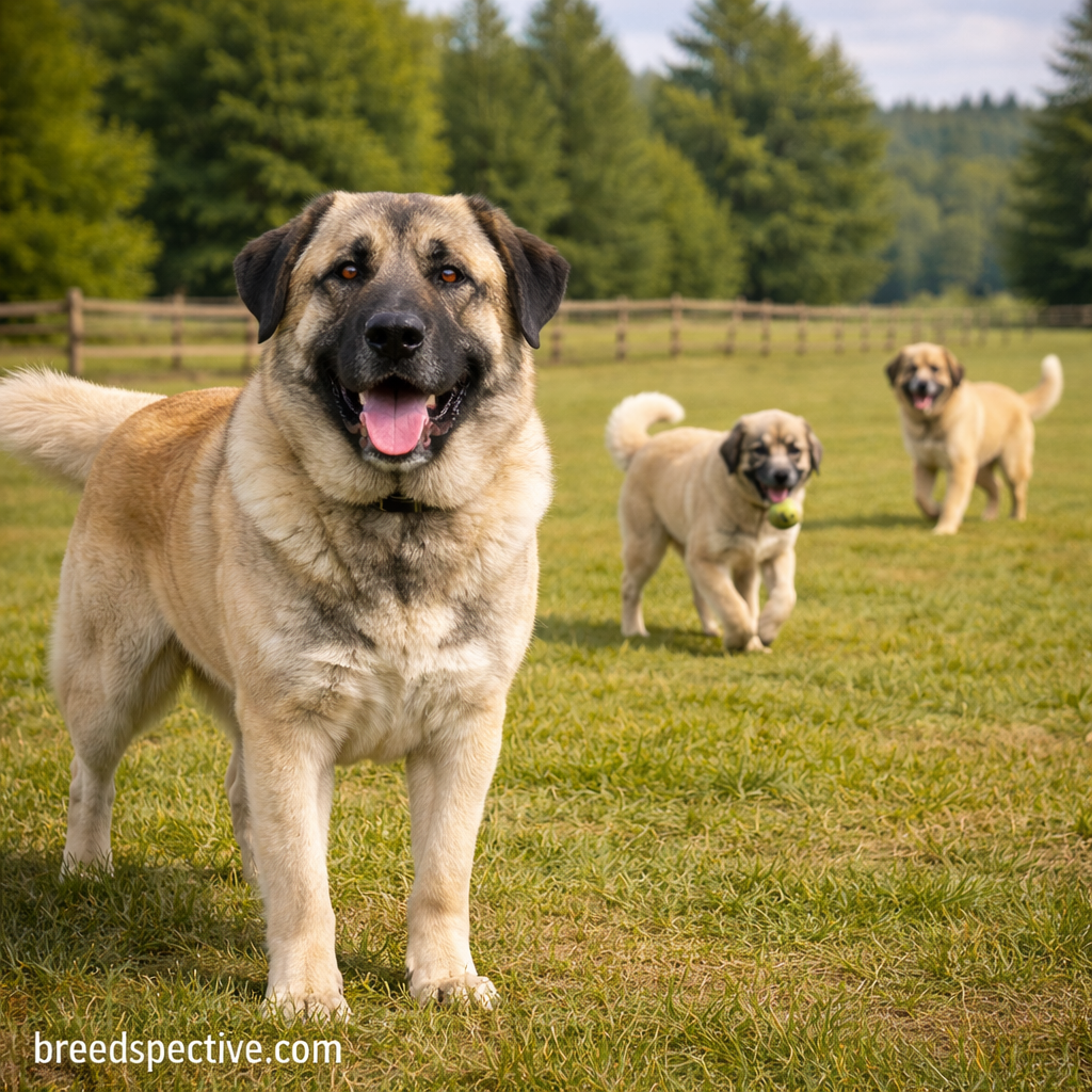 Anatolian Shepherds of different ages playing together in a grassy rural environment.