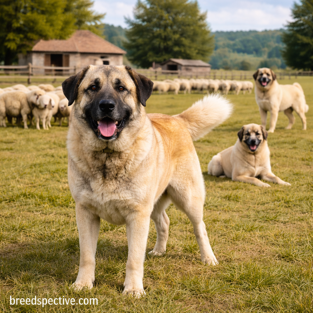 Anatolian Shepherd dogs of different ages guarding livestock in a rural farm setting.