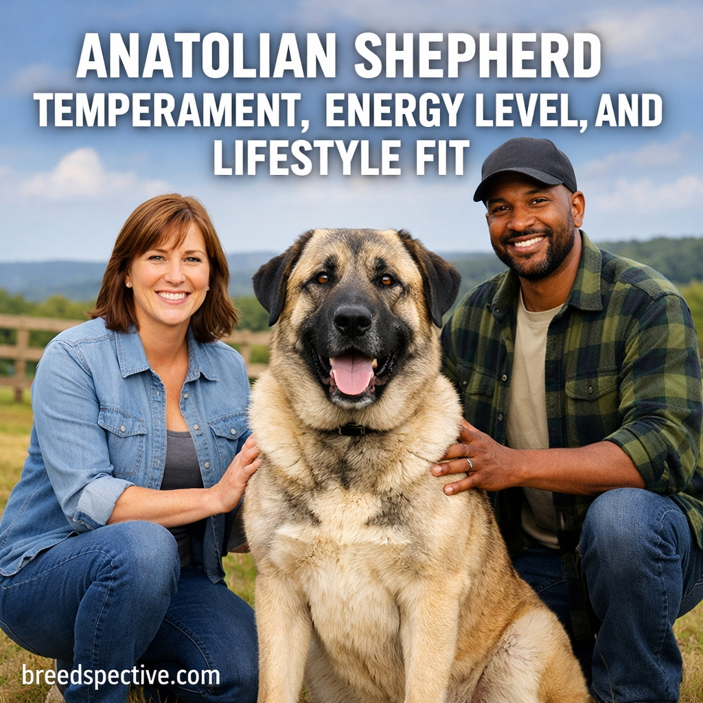Anatolian Shepherd with owners illustrating temperament, energy level, and lifestyle fit.