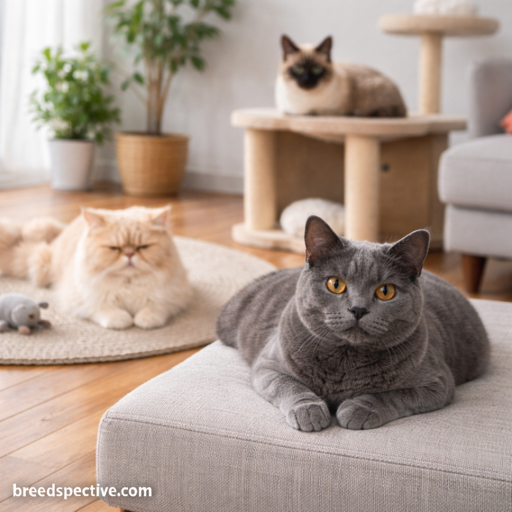 Calm apartment-friendly cat breeds relaxing indoors, showing suitability for small living spaces.