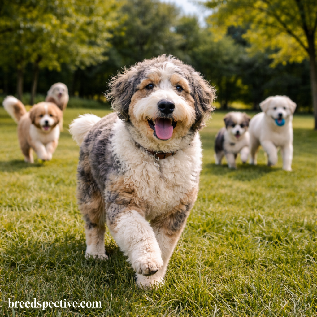 Aussiedoodle running across grass while other Aussiedoodles of different ages play in the background.