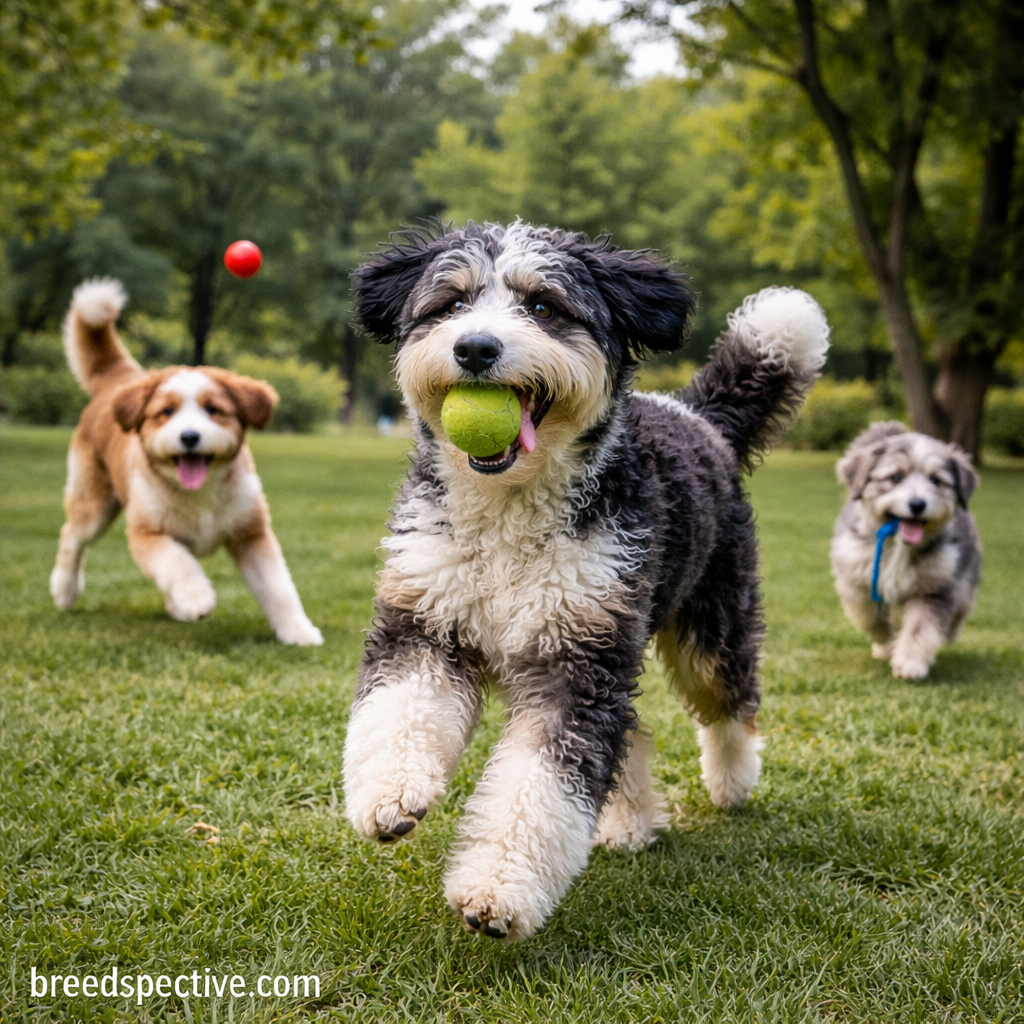 Aussiedoodles of different ages playing fetch together in an open grassy park.