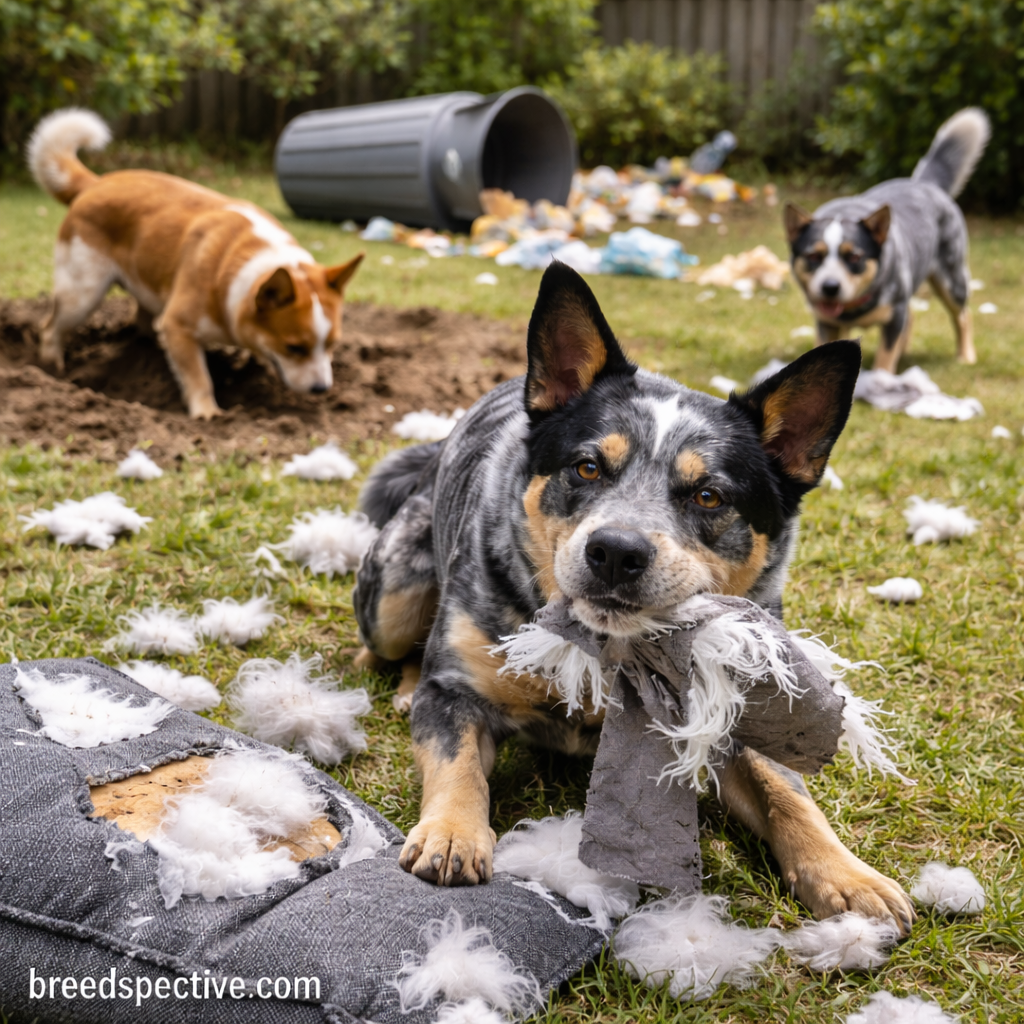 Australian Cattle Dogs of different ages displaying destructive behavior caused by boredom in a backyard.