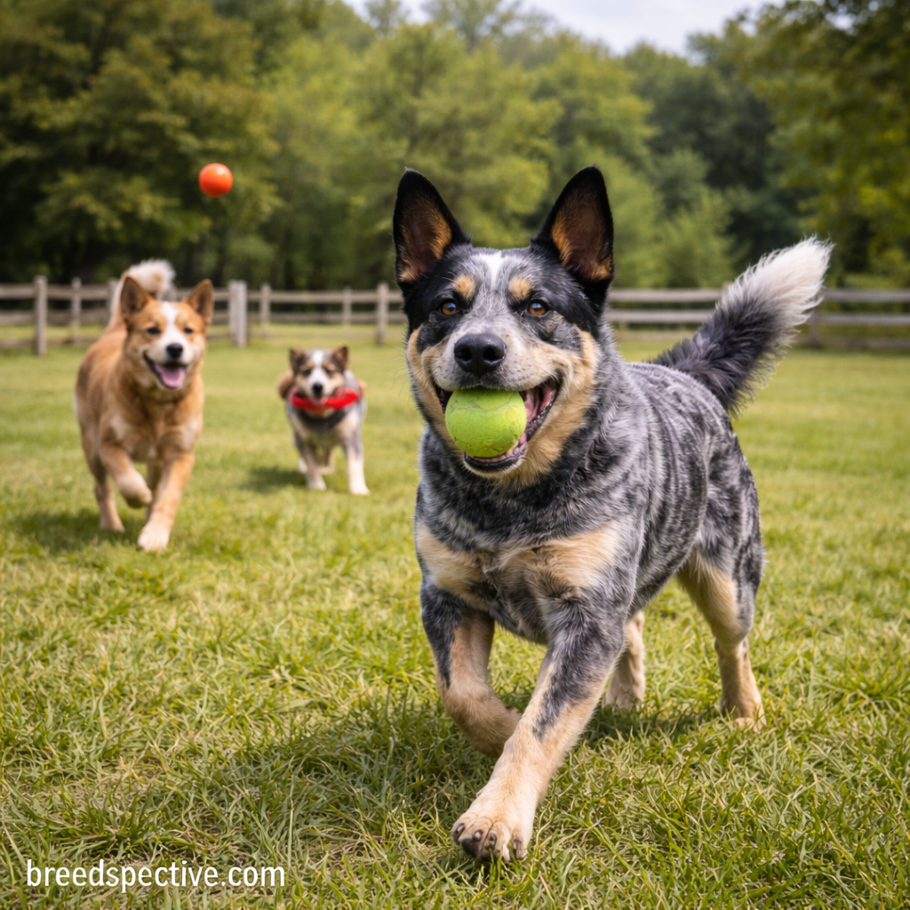 Australian Cattle Dogs of different ages playing fetch together in an open field.