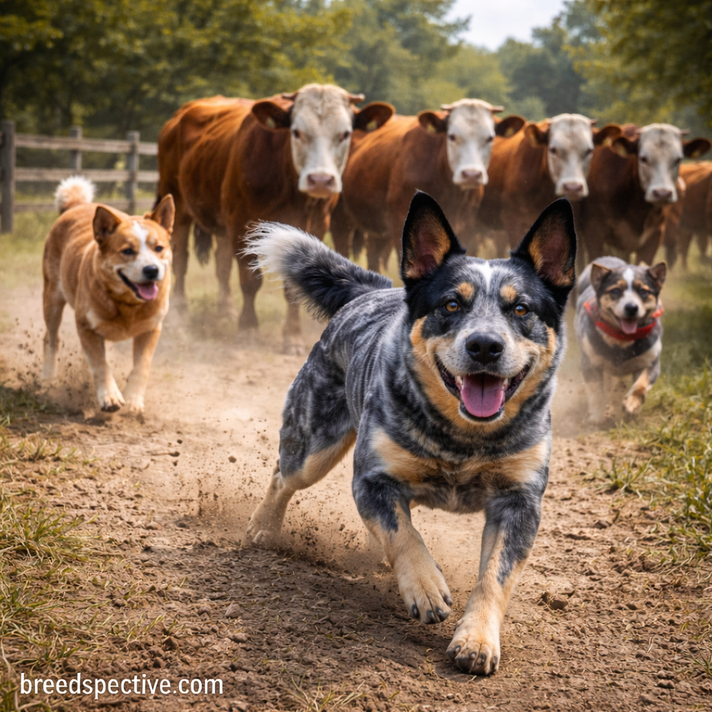 Australian Cattle Dogs of different ages herding cattle in an open rural pasture.