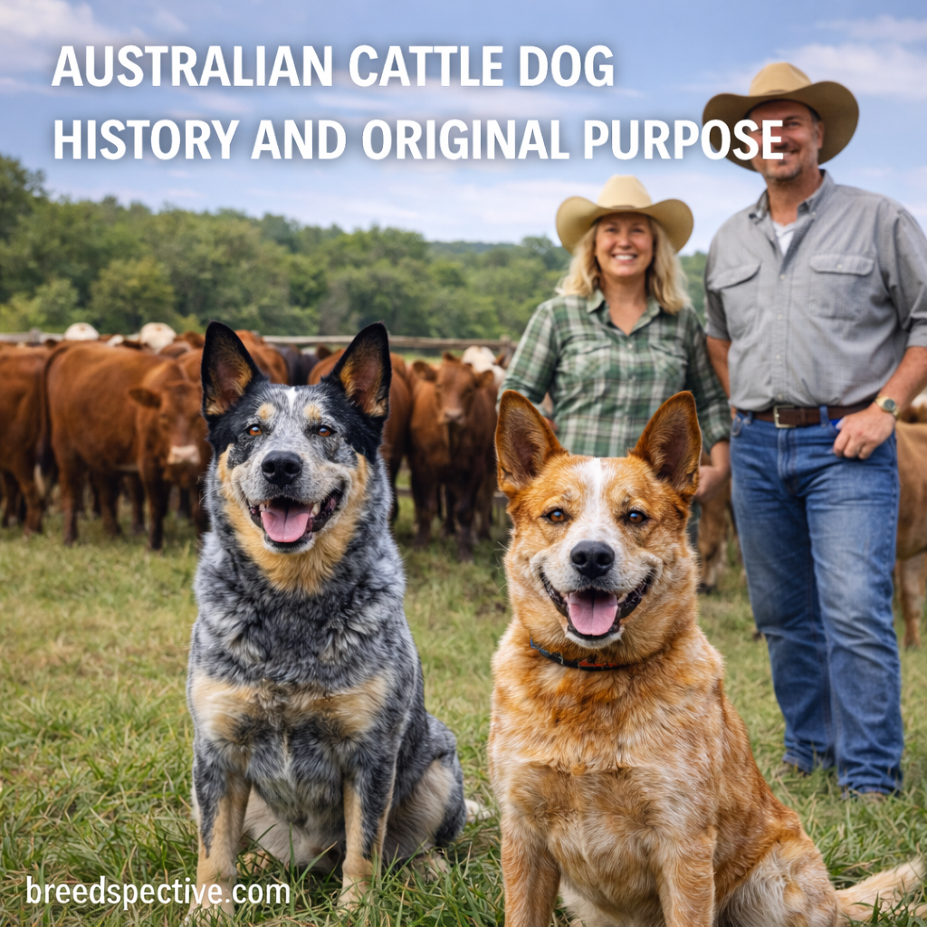 Australian Cattle Dogs with ranchers and cattle illustrating the breed’s historical role as a working droving dog.