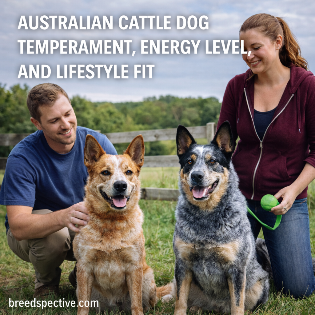Australian Cattle Dogs with owners in a rural setting highlighting the breed’s temperament, energy level, and active lifestyle needs.