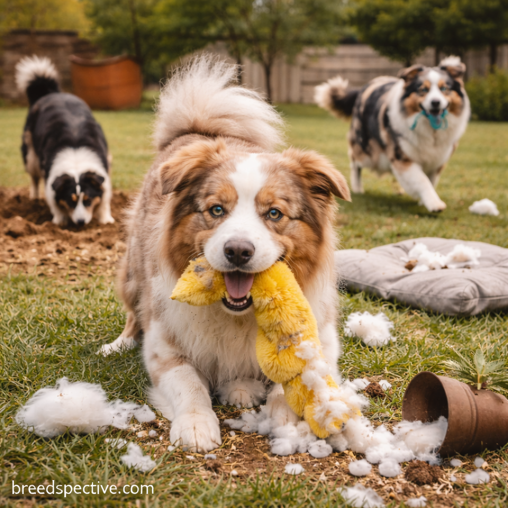 Australian Shepherds of different ages chewing toys and digging in a backyard, showing destructive behavior caused by boredom and excess energy.