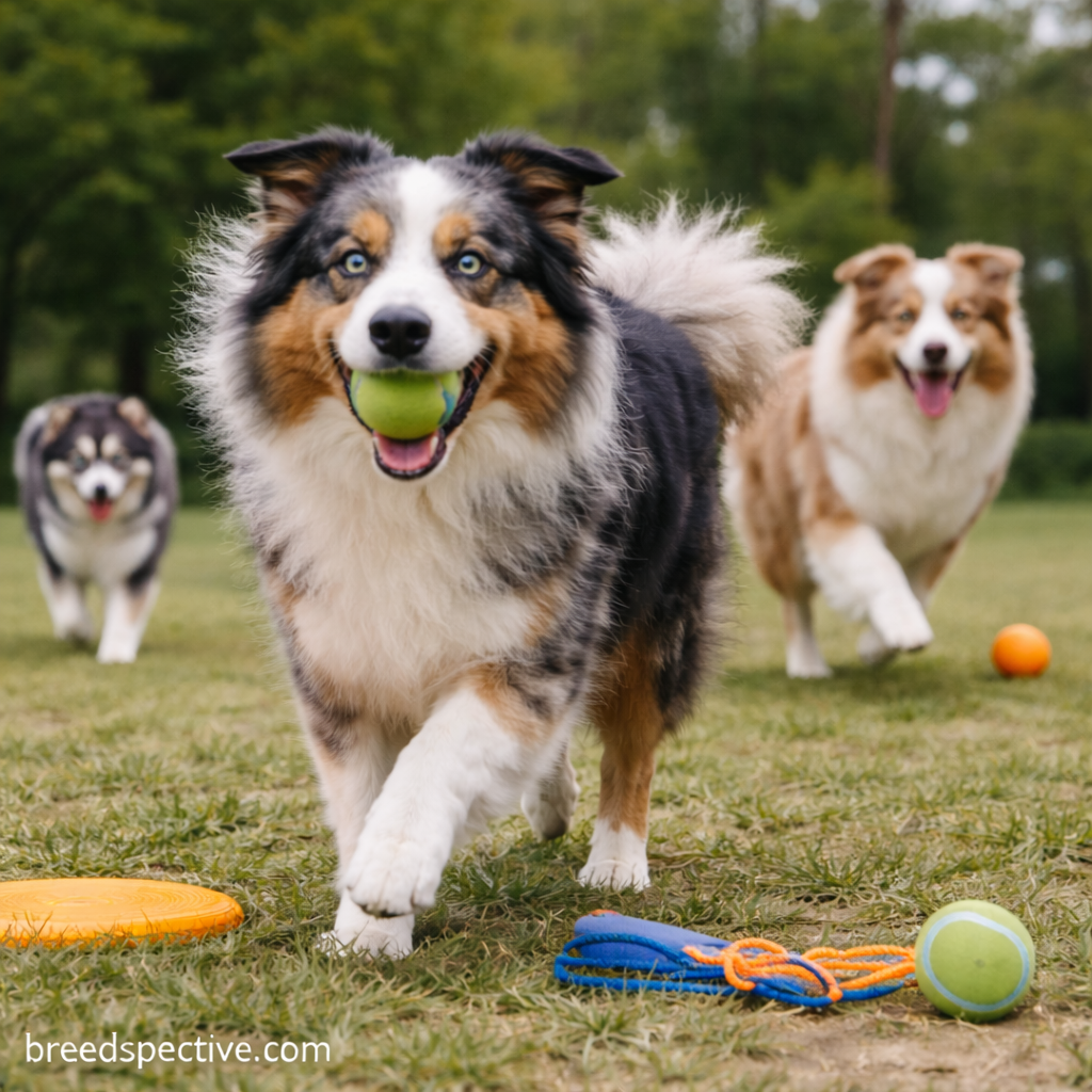 Australian Shepherds of different ages playing fetch in a grassy park, showing the breed’s high energy level and need for daily exercise.