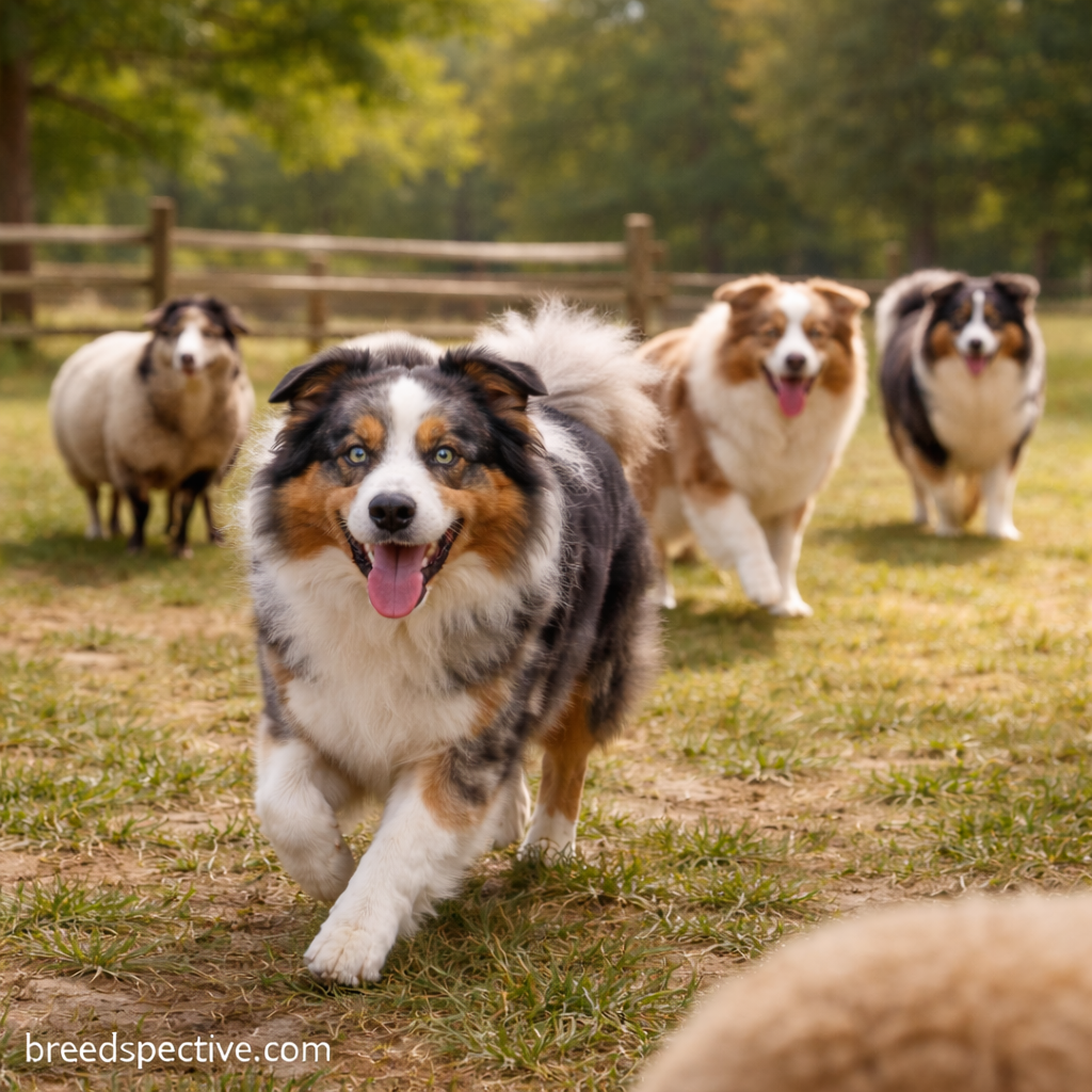 Australian Shepherds of different ages herding sheep in a grassy pasture, demonstrating the breed’s original working purpose and herding instincts.