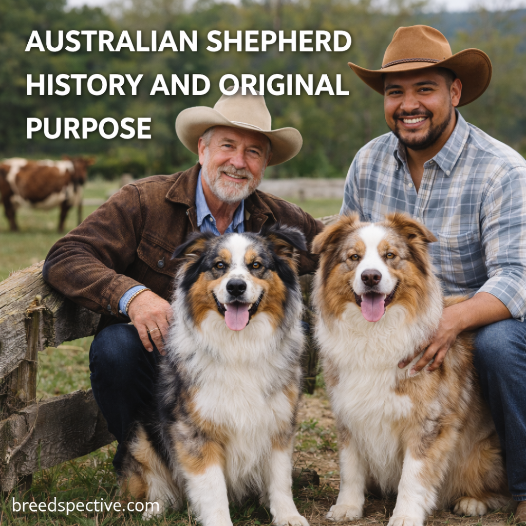 Australian Shepherds with ranchers in a rural setting, representing the breed’s history as an intelligent and hardworking herding dog.
