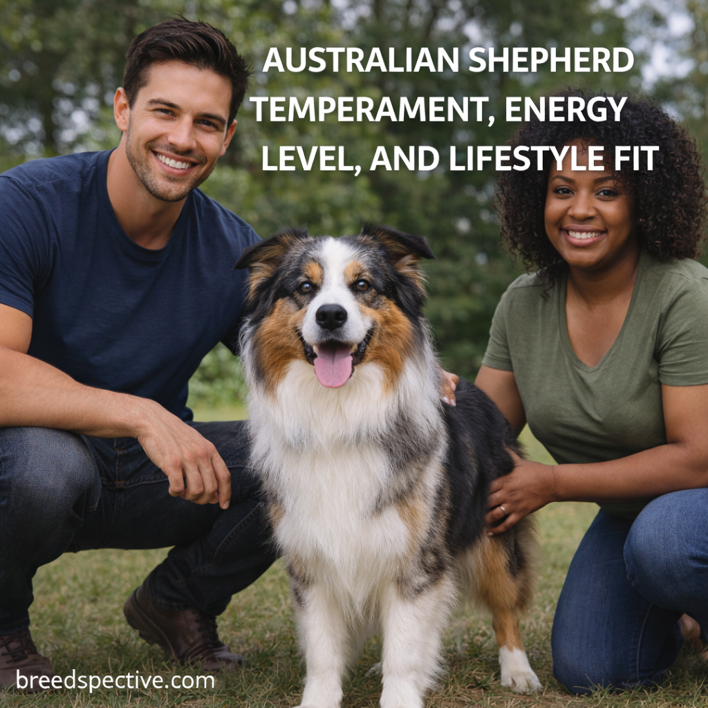 Australian Shepherd standing with diverse owners outdoors, showing the breed’s energetic temperament, intelligence, and active lifestyle needs.