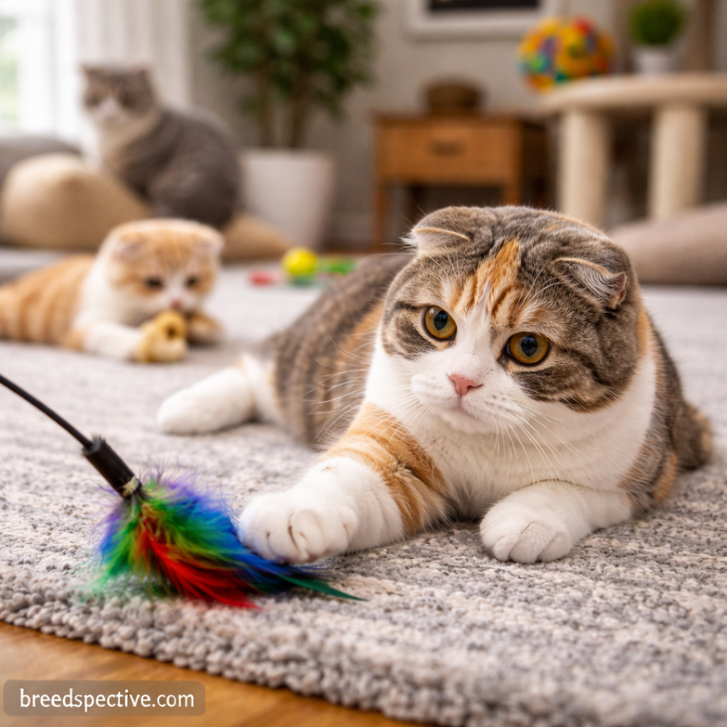 Scottish Fold cats of different ages playing indoors with toys, showing the breed’s moderate energy level and playful nature.