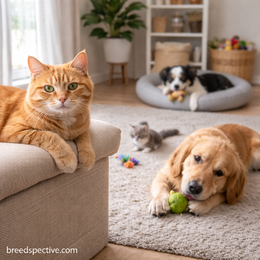 Dogs and cats independently playing with toys indoors, showing balanced exercise and mental stimulation during work-from-home hours.