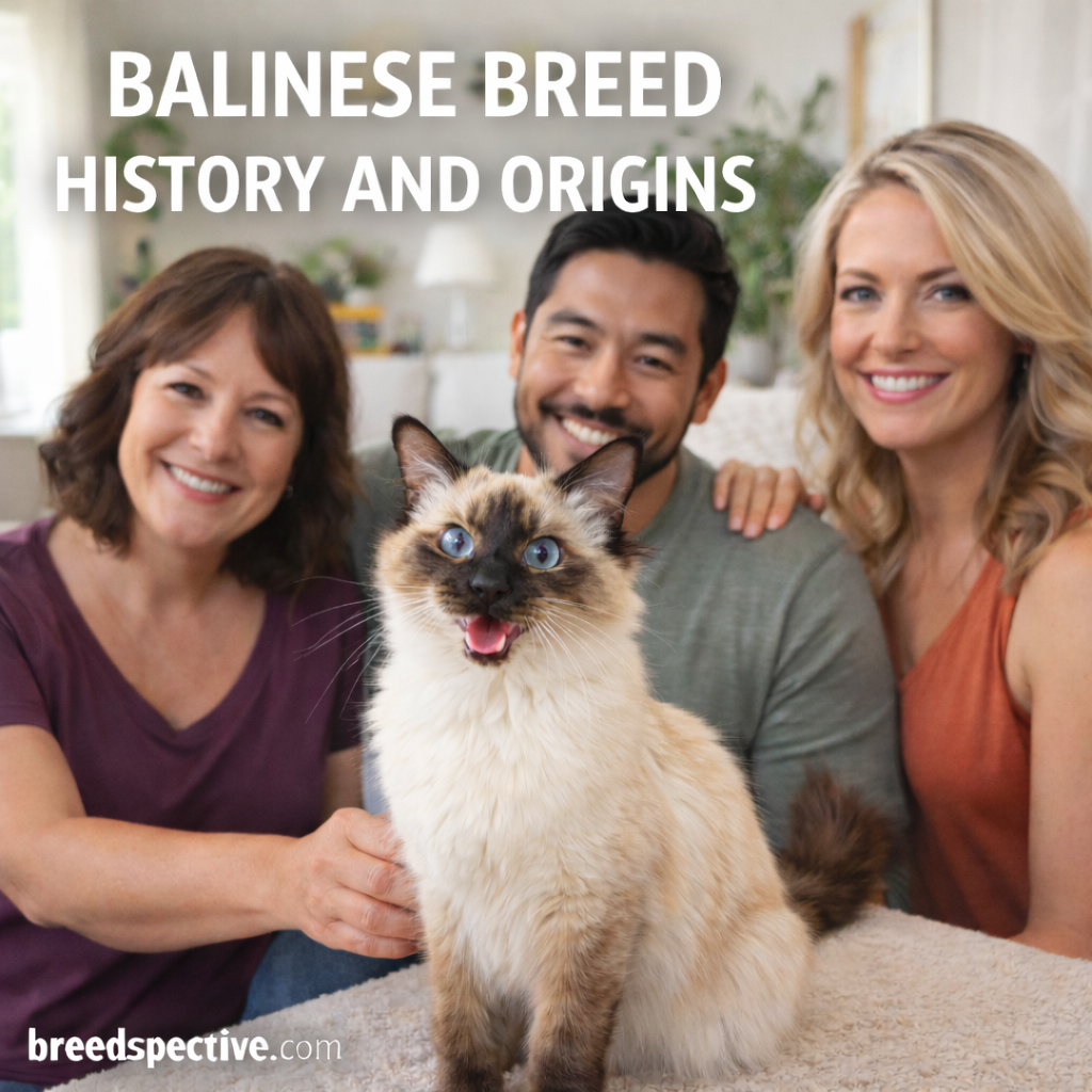 Balinese cat sitting indoors with owners, representing the breed’s history, elegance, and close relationship with humans.