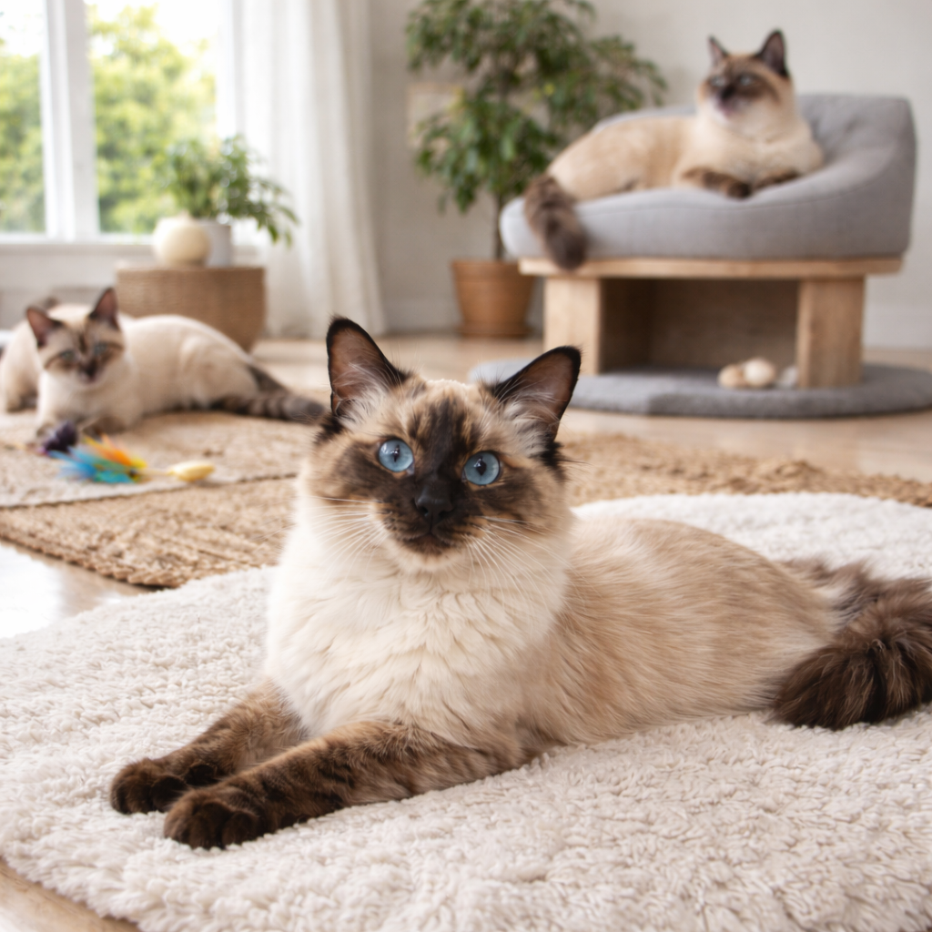Balinese cat resting indoors with other Balinese cats in the background, showing healthy coats and grooming-friendly fur.