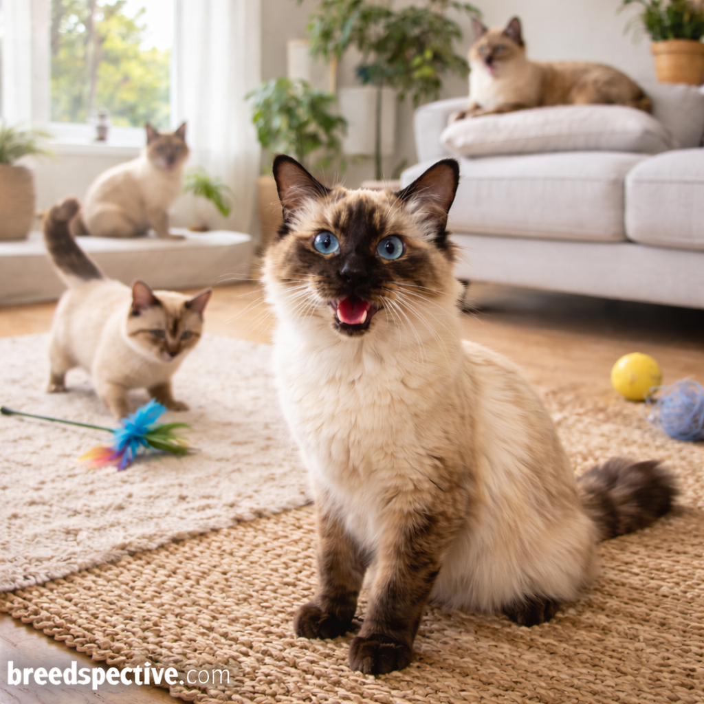 Balinese cats of different ages playing indoors, showing the breed’s elegant build and Siamese lineage.