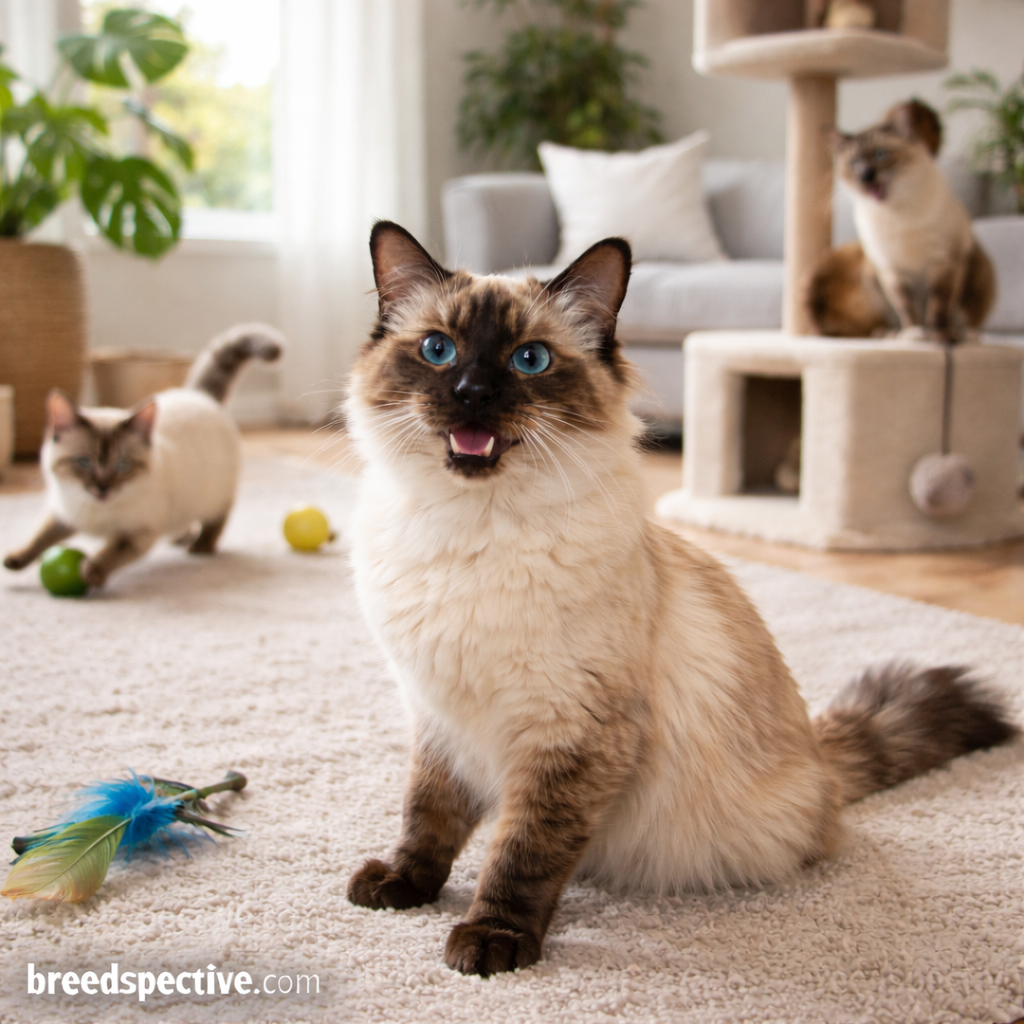 Balinese cat playing indoors with other Balinese cats in the background, showing high energy and social behavior.