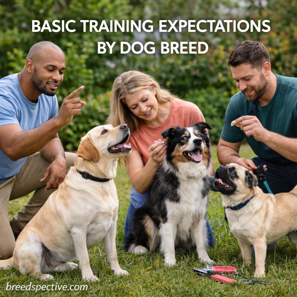 Dogs of different breeds training with their owners outdoors, showing how training expectations vary by breed type.