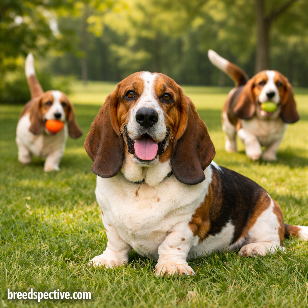 Three Basset Hounds of different ages playing outdoors, illustrating the breed’s energy level and exercise needs.