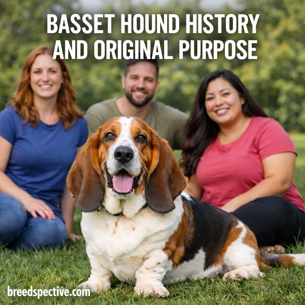 Basset Hound with people outdoors, representing the breed’s history and original purpose as a scent-tracking dog.