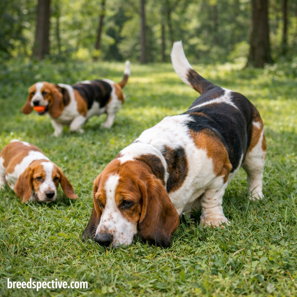 Basset Hounds of different ages following scent trails outdoors, reflecting the breed’s original hunting purpose.