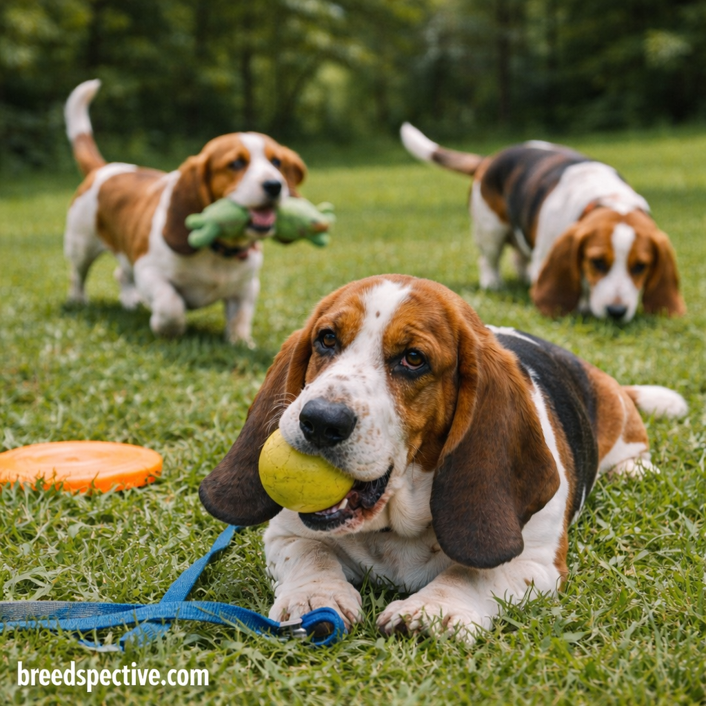 Multiple Basset Hounds of different ages focused on sniffing and play outdoors, demonstrating strong scent fixation behavior.
