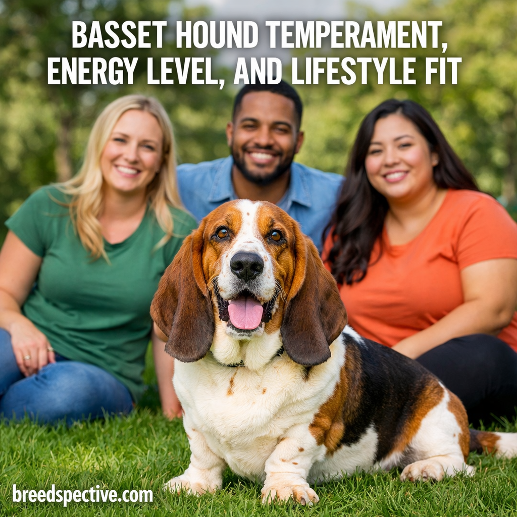 Basset Hound sitting on grass with a diverse group of people, representing temperament, energy level, and lifestyle fit.