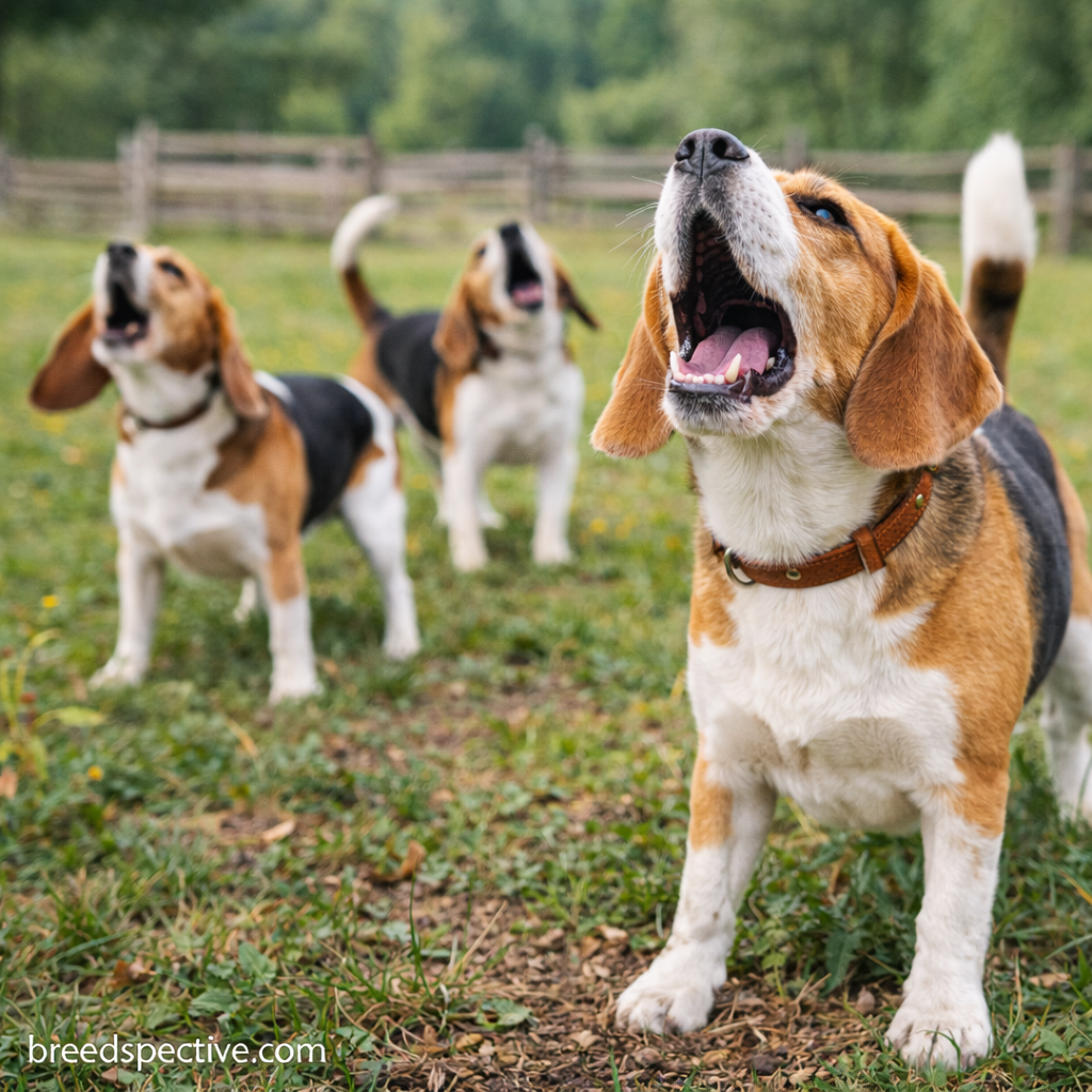 Beagle dogs barking together outdoors, showing the breed’s vocal behavior and pack-driven communication.