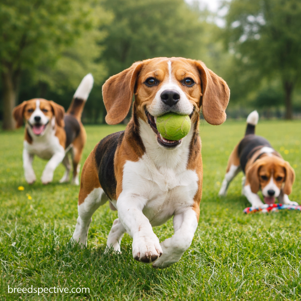 Beagle dogs of different ages playing fetch outdoors, showing the breed’s energetic nature and exercise needs.
