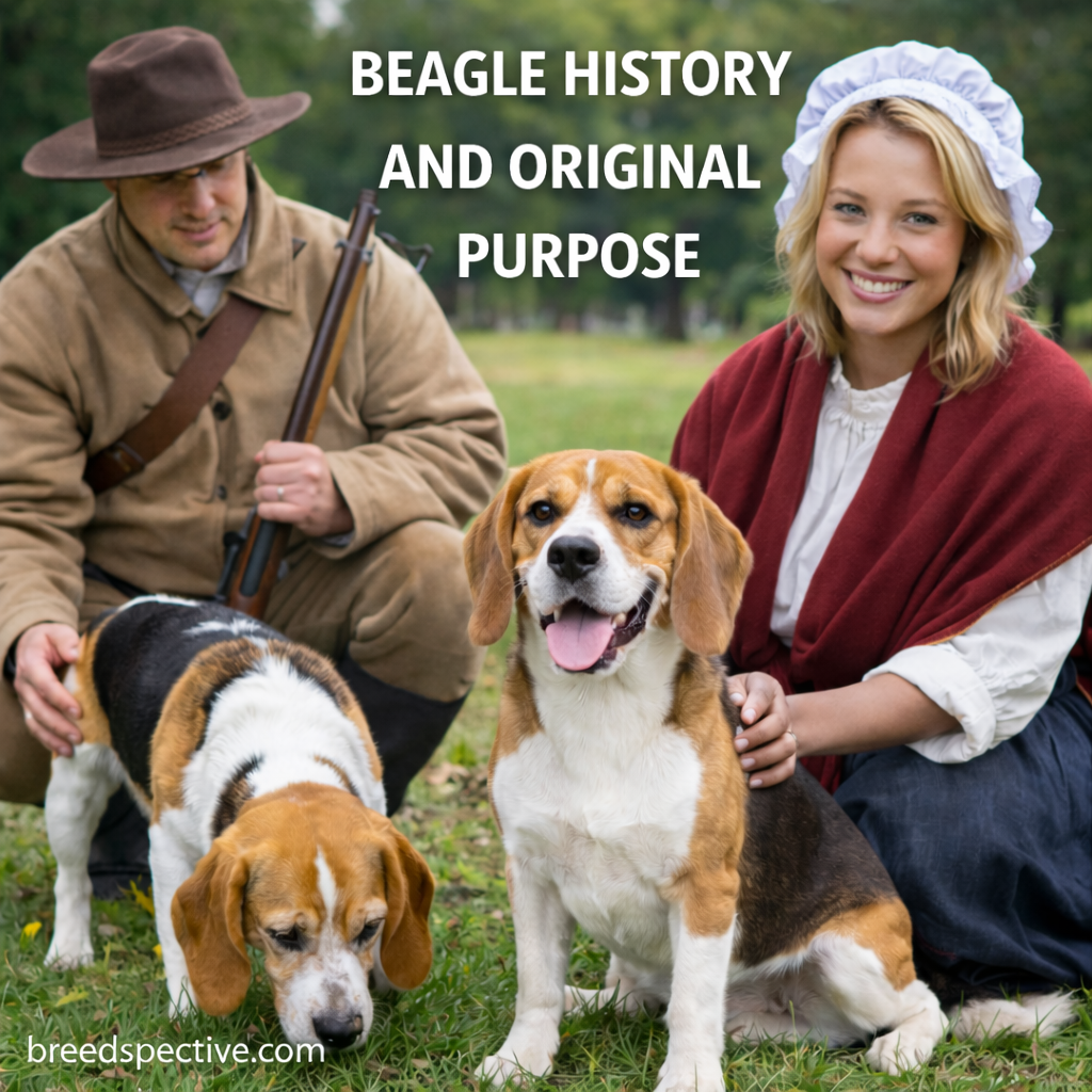 Beagle dogs with people outdoors, representing the breed’s history and original purpose as scent hounds.
